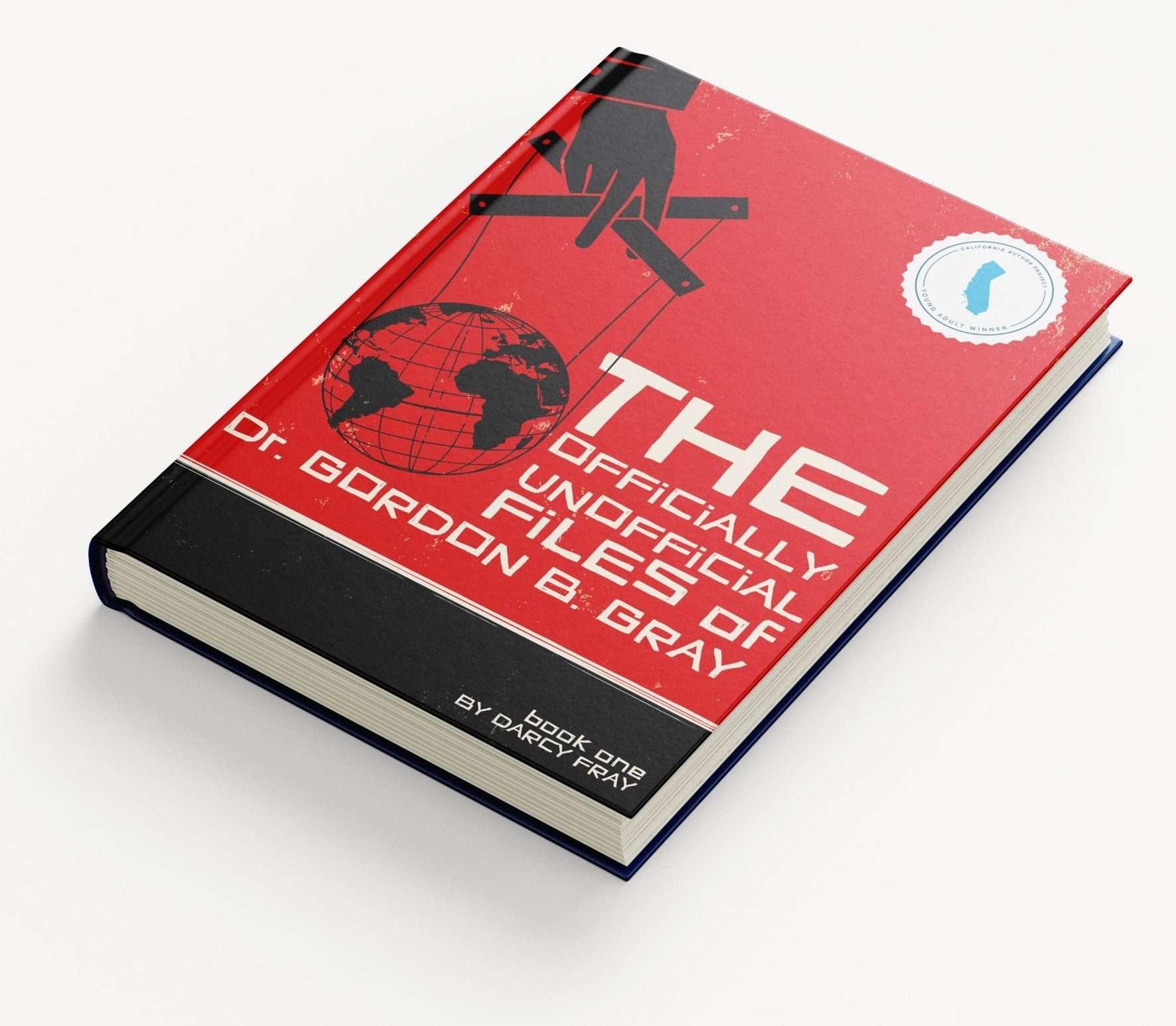 Red hardcover: a black hand works a globe like a marionette above the stacked title