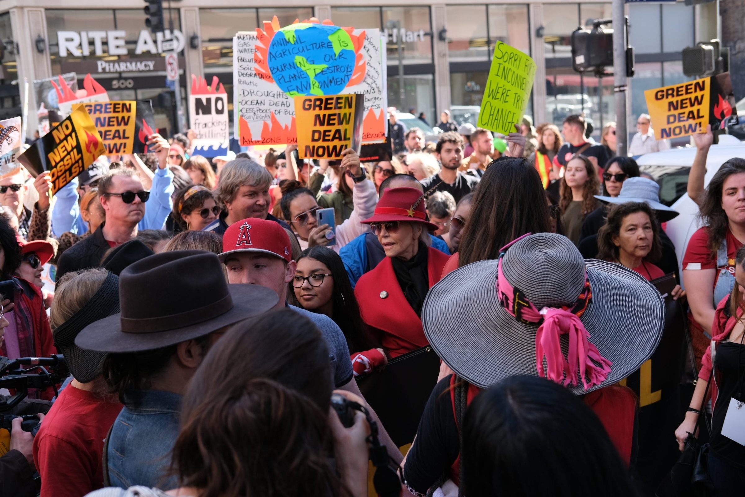 A dense crowd at a climate march, Green New Deal Now signs overhead, Jane Fonda in a red coat and hat at the center