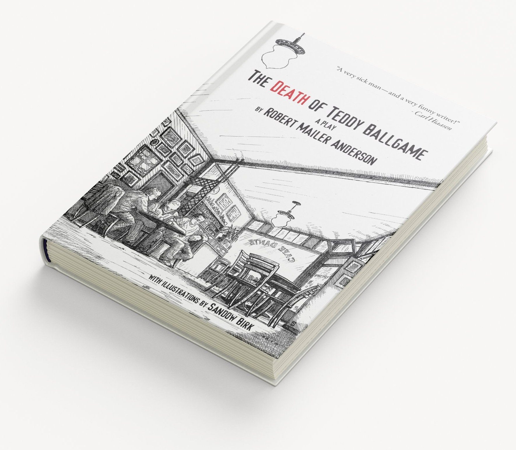 White hardcover: a pen drawing of a cafe interior beneath the title, with Death in red