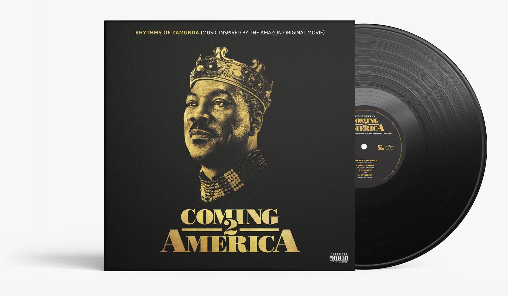 Coming 2 America, Rhythms of Zamunda on vinyl: Eddie Murphy in gold with a crown on black, the title in gold capitals, the record sliding out