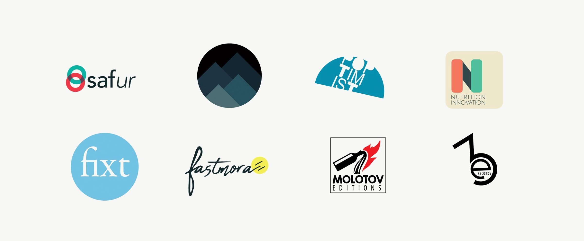 Eight logos in two rows on a pale ground, including Safur, Fixt, Fastmora, Nutrition Innovation and the Molotov Editions mark