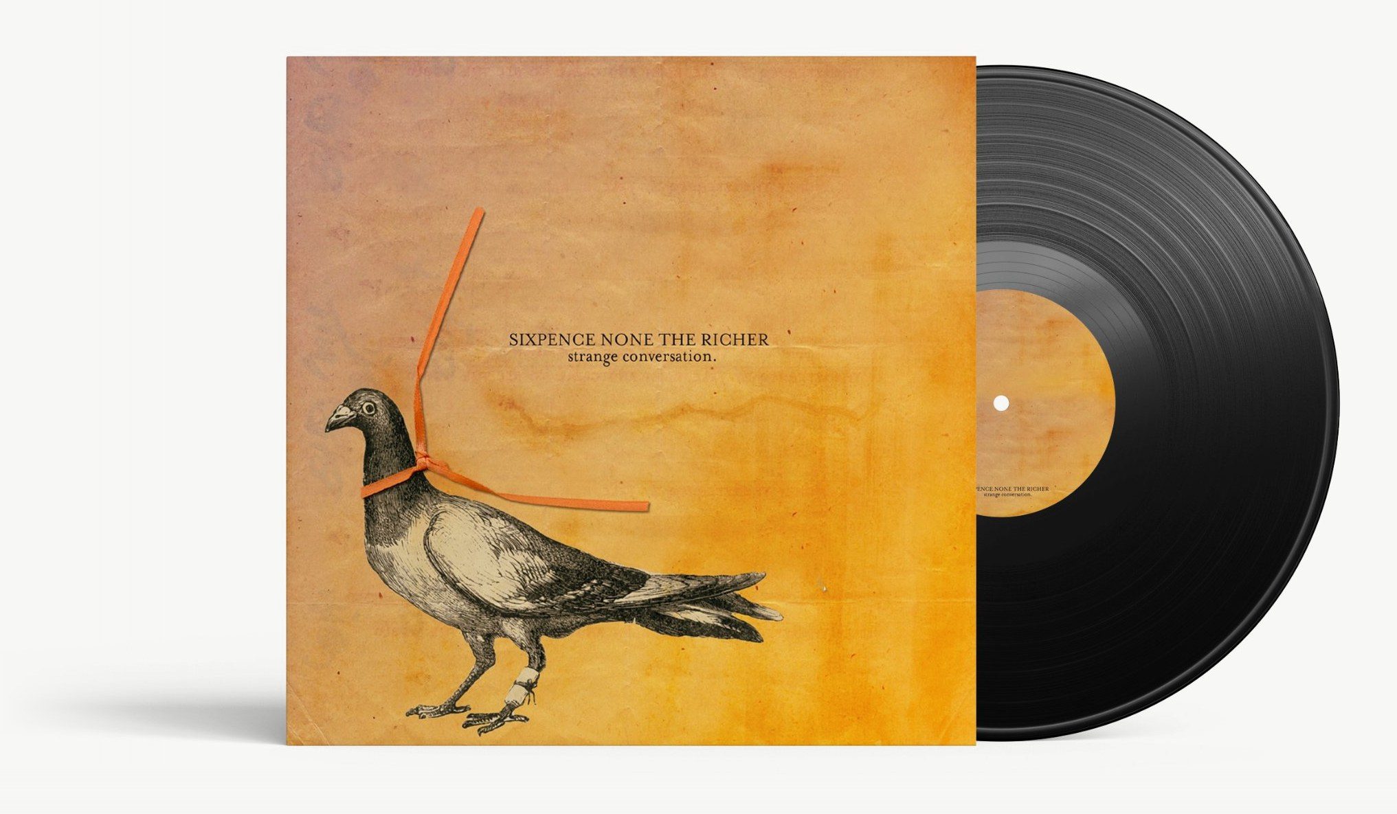 Sixpence None the Richer, Strange Conversation on vinyl: an engraved pigeon tied with orange ribbon on stained ochre paper, the record sliding out