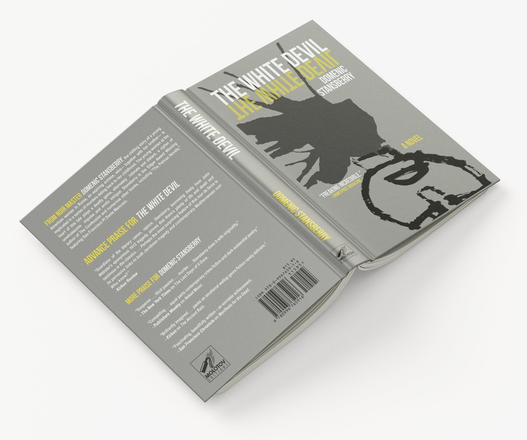 The White Devil, opened flat: grey jacket, the title mirrored in yellow beneath itself, a black ink figure on the front