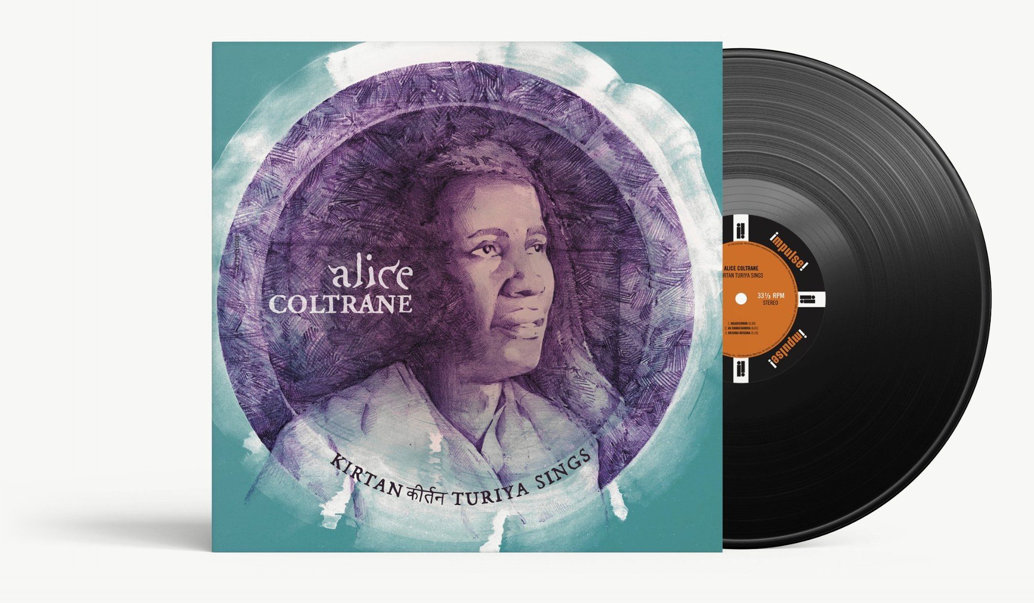 Alice Coltrane, Kirtan: Turiya Sings on vinyl: a violet painted portrait inside a white brushed ring on teal, the title curving below in Latin and Devanagari, the orange Impulse! label on the record