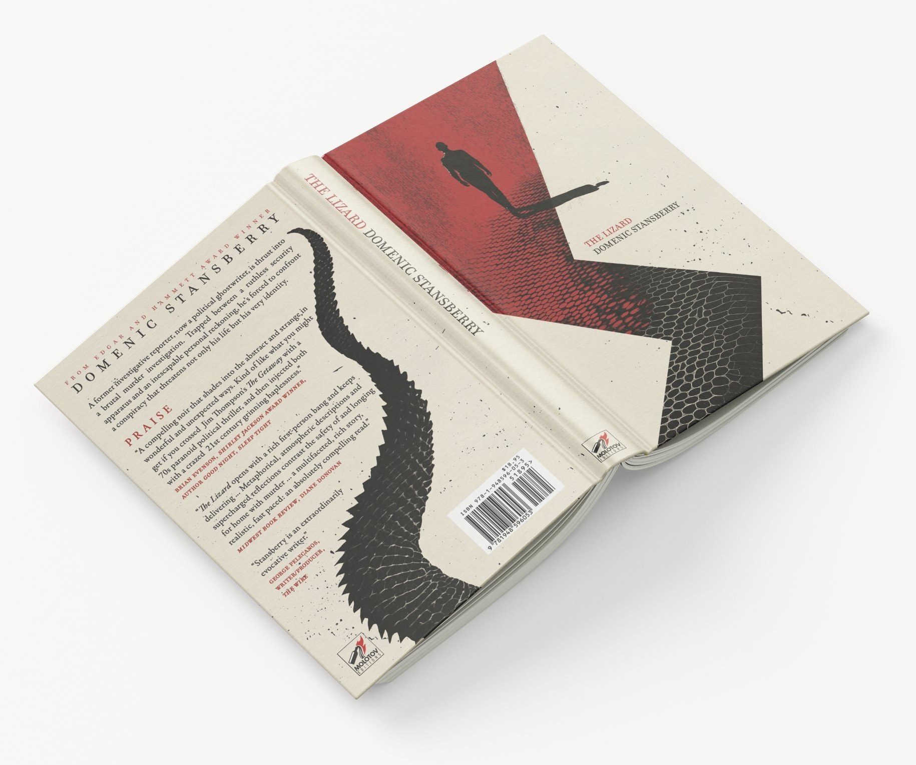 The Lizard, opened flat: a scaled black tail winds from the back cover across the spine to a lone figure in a red field on the front