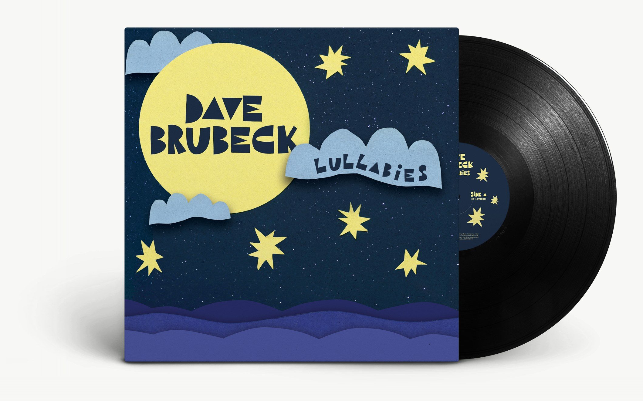 Dave Brubeck, Lullabies on vinyl: a cut-paper moon, clouds and stars on navy, the hand-cut title on a cloud, the record sliding out